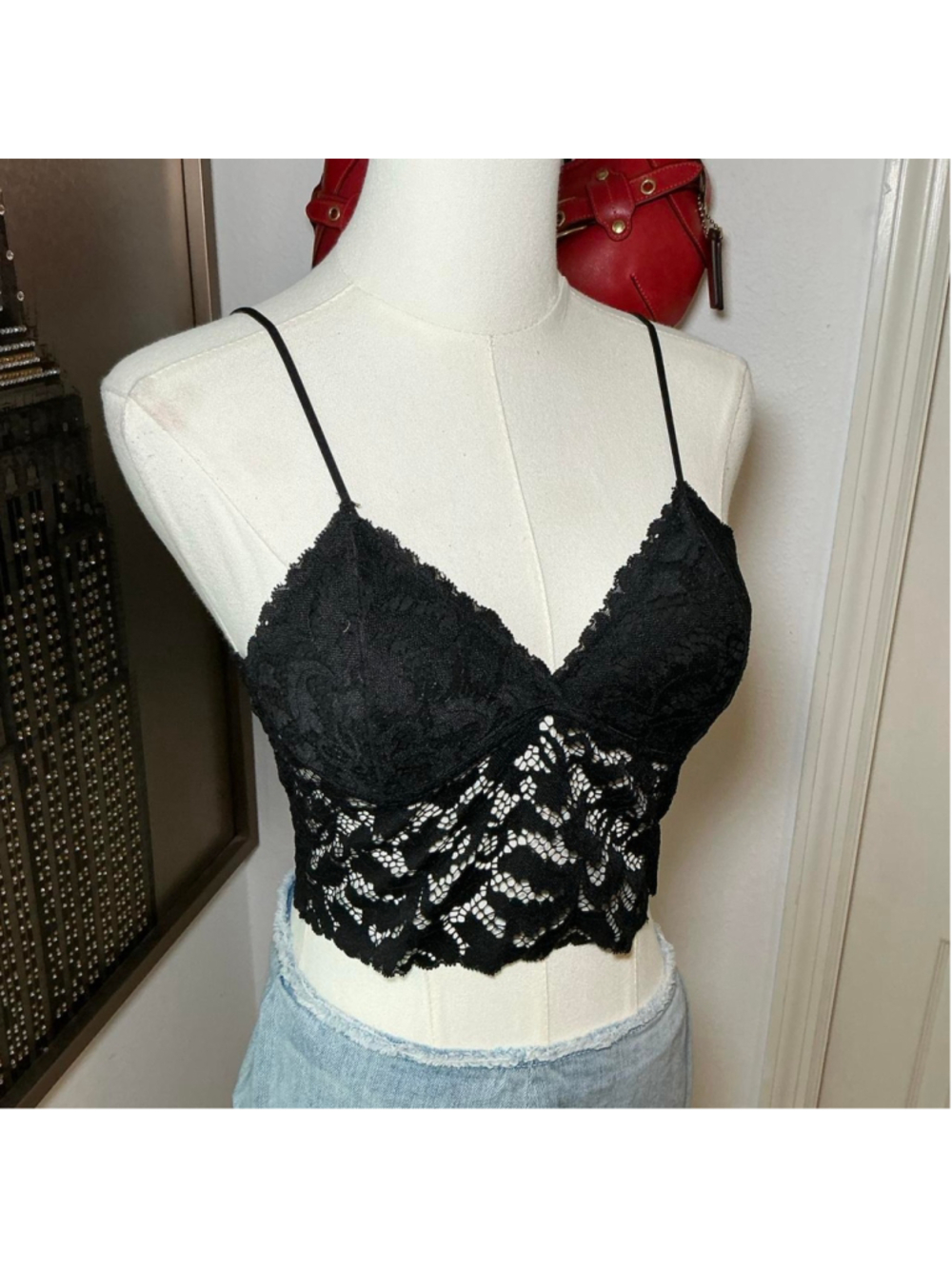 Black Lace Longline Bralette Crop Top Y2K Size Small - Picture 2 of 3